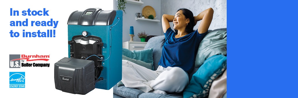 Heating equipment and woman smiling on sofa